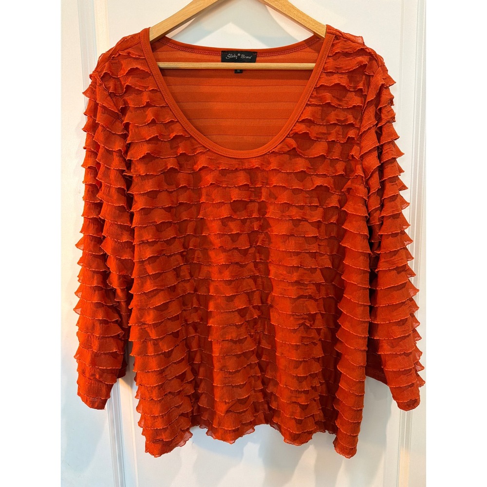 Slinky Brand Orange Tiered Ruffle Scoop Neck 3/4 Sleeve Top 1X Y2K